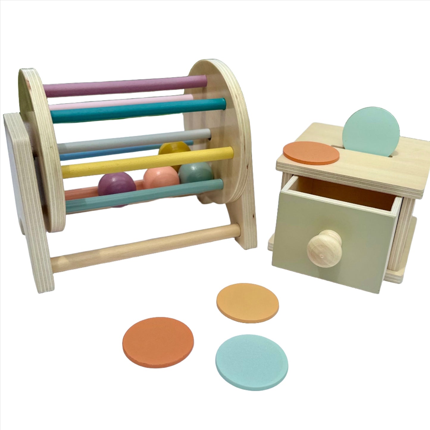 Juego de juguetes Montessori Wood Drum &amp; Coin Box