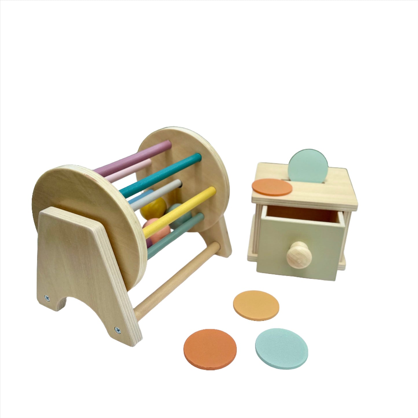 Juego de juguetes Montessori Wood Drum &amp; Coin Box